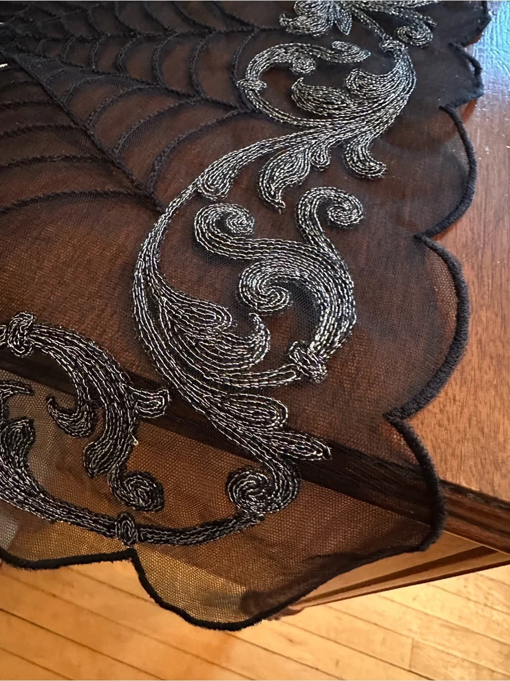 Black Lace Spider Web Table Runner with Silver Embroidery, Halloween, NWT